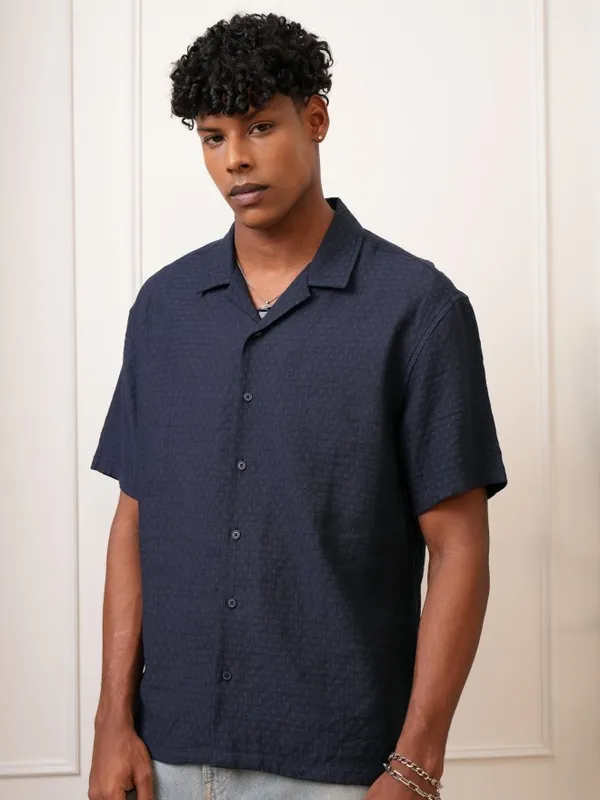  Locomotive Men Navy Blue Self Design Regular Fit Casual Shirts
