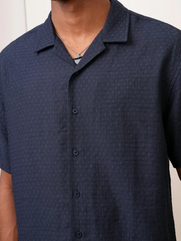  Locomotive Men Navy Blue Self Design Regular Fit Casual Shirts