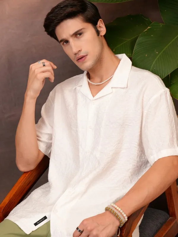 Locomotive Men White Self Design Regular Fit Casual Shirts