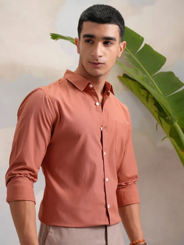 Highlander Men Rust Slim Fit Casual Shirt
