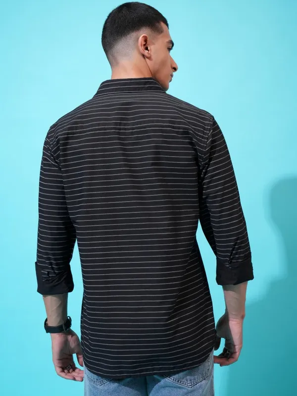 Highlander Men Black Striped Slim Fit Casual Shirt