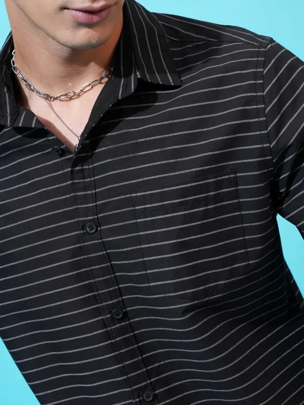 Highlander Men Black Striped Slim Fit Casual Shirt