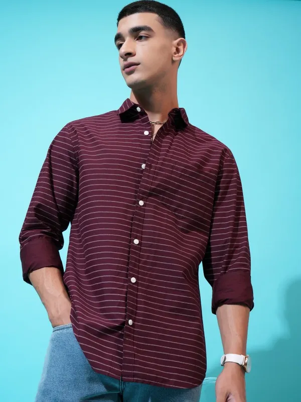 Highlander Men Maroon Striped Slim Fit Casual Shirt