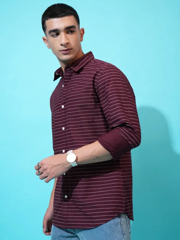 Highlander Men Maroon Striped Slim Fit Casual Shirt