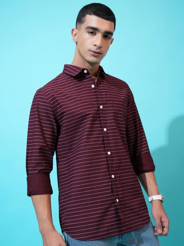 Highlander Men Maroon Striped Slim Fit Casual Shirt