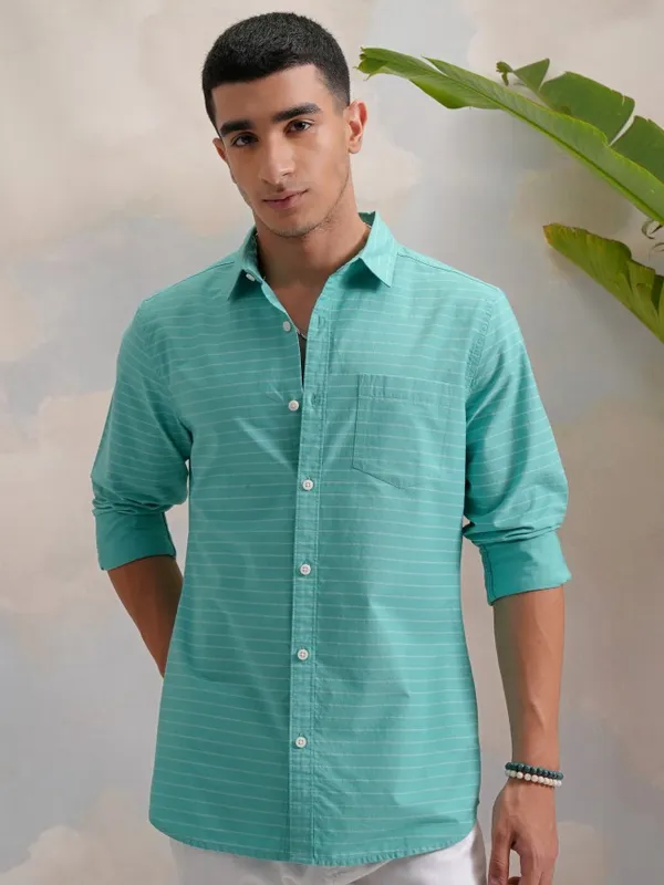 Highlander Men Teal Striped Slim Fit Casual Shirt
