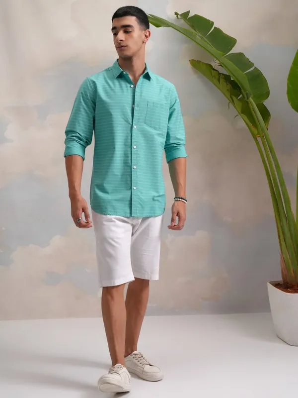Highlander Men Teal Striped Slim Fit Casual Shirt