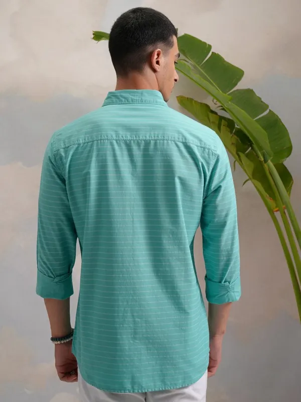 Highlander Men Teal Striped Slim Fit Casual Shirt