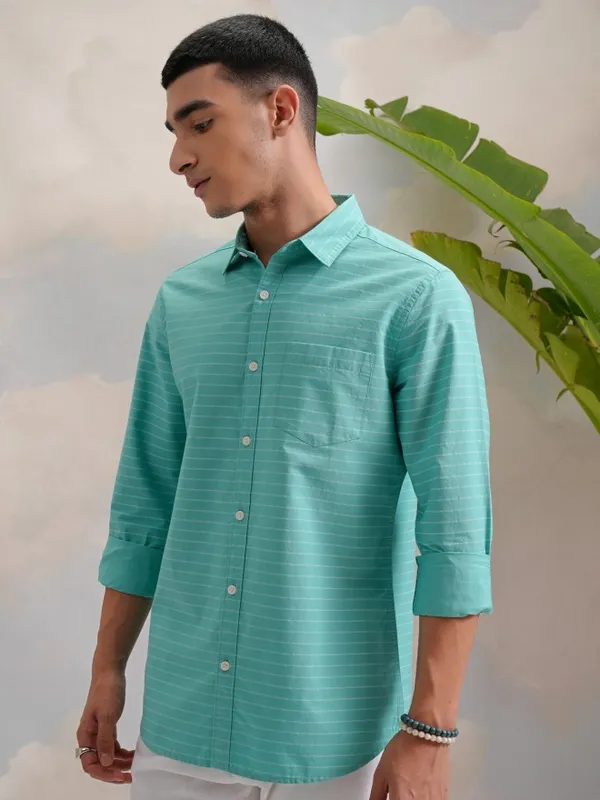 Highlander Men Teal Striped Slim Fit Casual Shirt