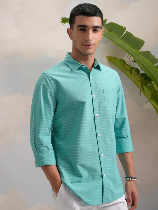 Highlander Men Teal Striped Slim Fit Casual Shirt