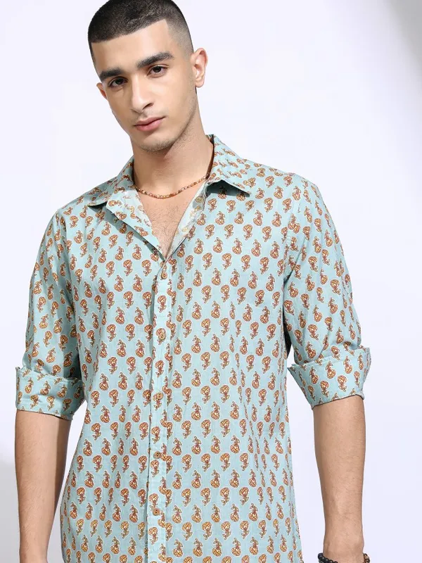 Highlander Men Blue Printed Slim Fit Casual Shirt