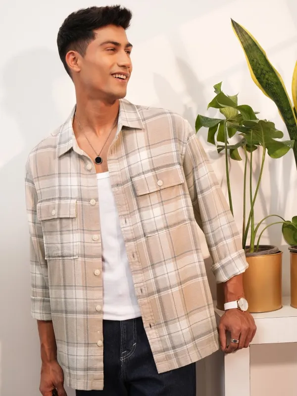  Locomotive Men Tan Checked Oversized Fit Casual Shirts
