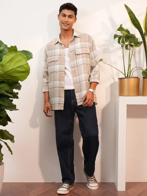  Locomotive Men Tan Checked Oversized Fit Casual Shirts