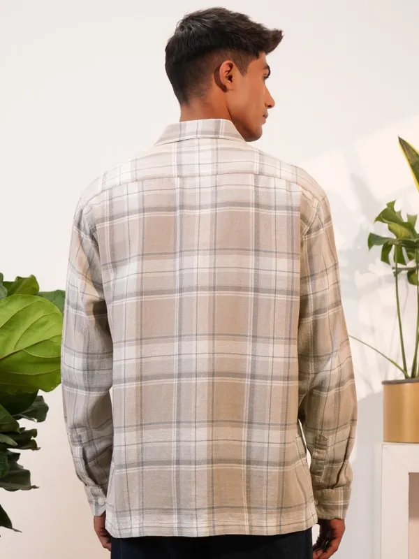  Locomotive Men Tan Checked Oversized Fit Casual Shirts