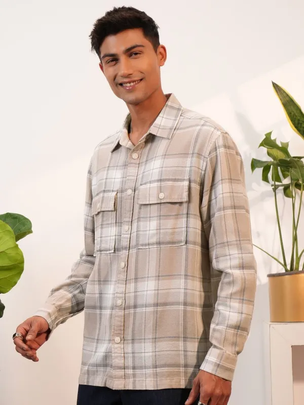  Locomotive Men Tan Checked Oversized Fit Casual Shirts