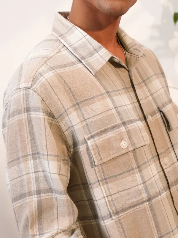  Locomotive Men Tan Checked Oversized Fit Casual Shirts