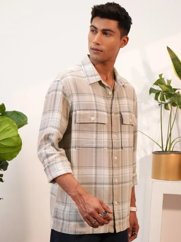  Locomotive Men Tan Checked Oversized Fit Casual Shirts