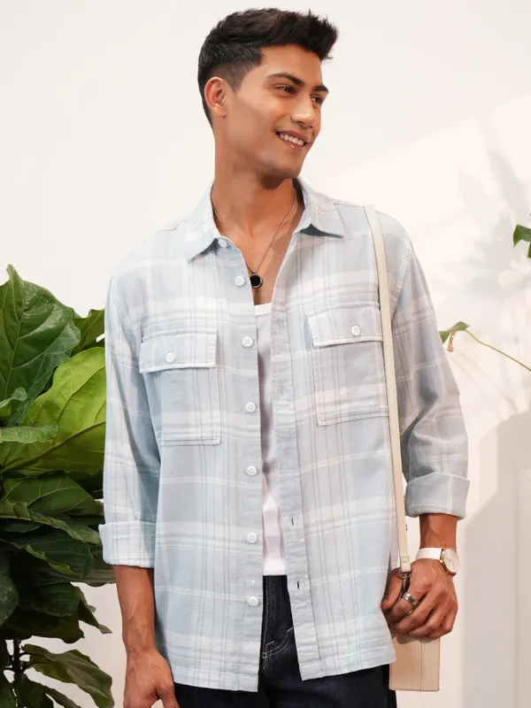  Locomotive Men Grey Checked Oversized Fit Casual Shirts