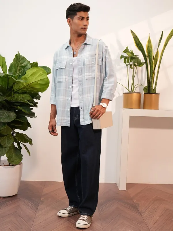  Locomotive Men Grey Checked Oversized Fit Casual Shirts