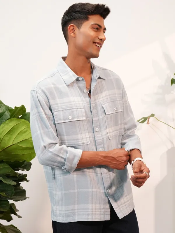  Locomotive Men Grey Checked Oversized Fit Casual Shirts