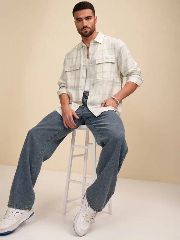 Locomotive Men Cream Checked Oversized Fit Casual Shirt