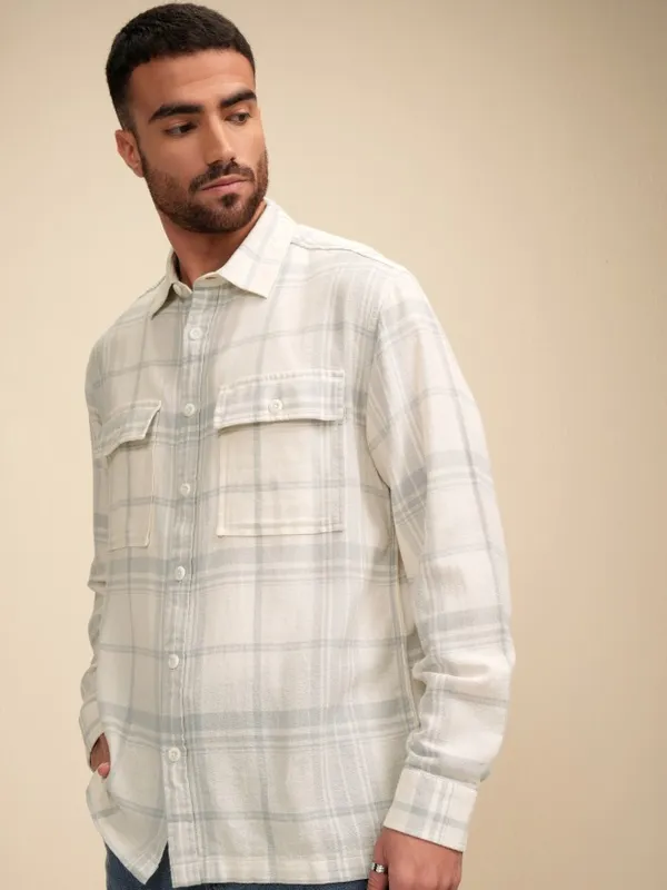 Locomotive Men Cream Checked Oversized Fit Casual Shirt