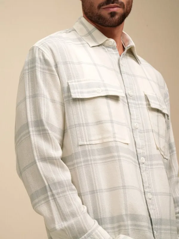 Locomotive Men Cream Checked Oversized Fit Casual Shirt