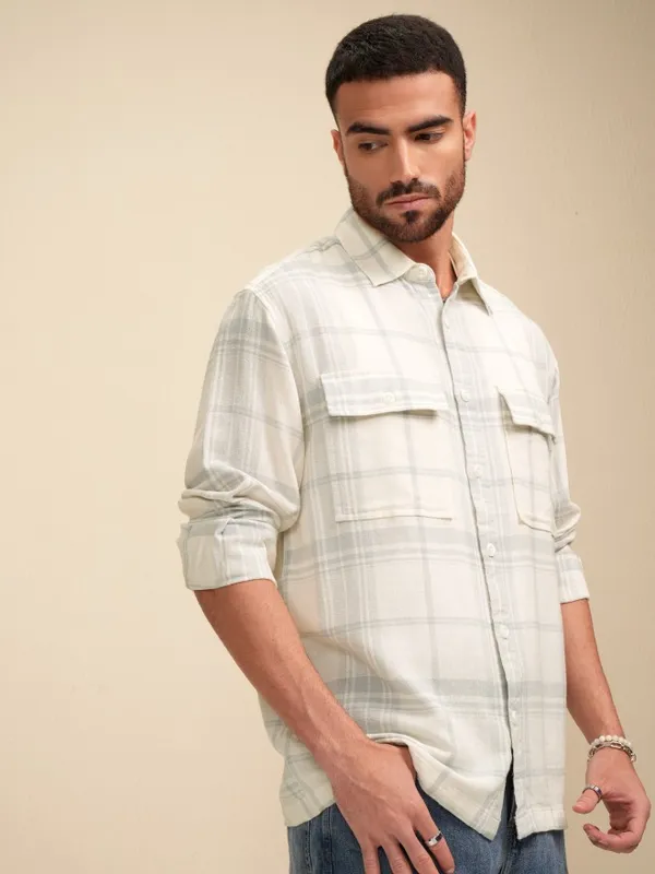 Locomotive Men Cream Checked Oversized Fit Casual Shirt