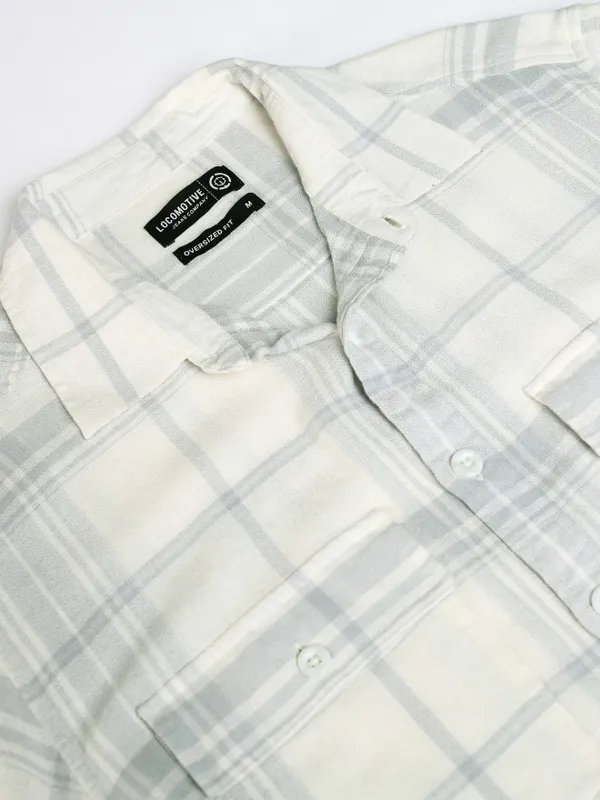 Locomotive Men Cream Checked Oversized Fit Casual Shirt