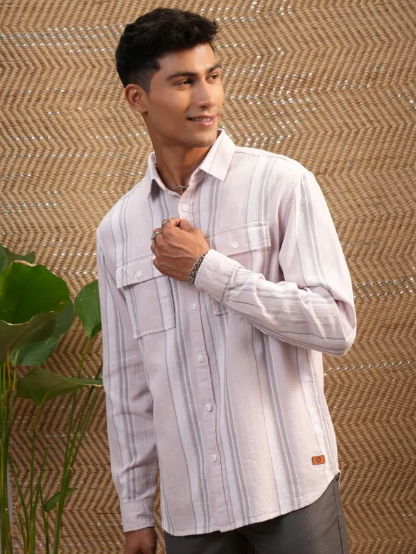 Locomotive Men Pink Striped Regular Fit Casual Shirts