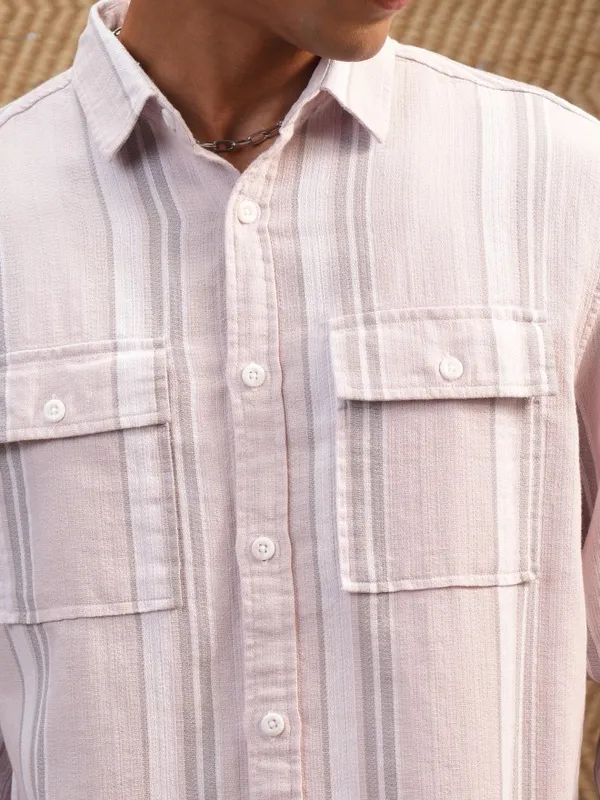 Locomotive Men Pink Striped Regular Fit Casual Shirts