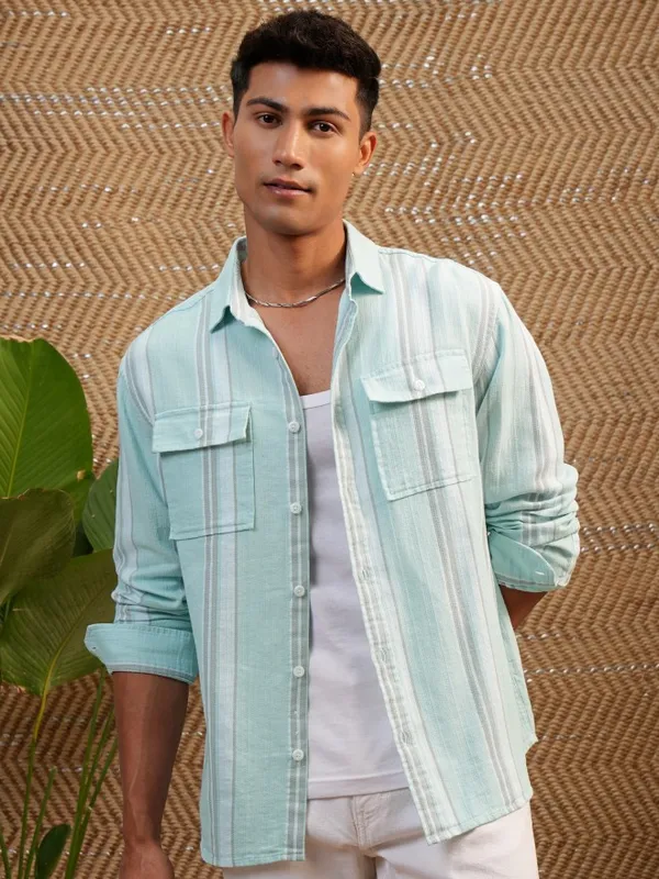 Locomotive Men Teal Striped Regular Fit Casual Shirt