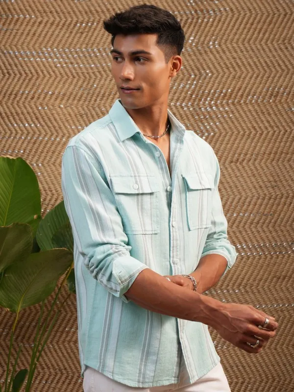 Locomotive Men Teal Striped Regular Fit Casual Shirt