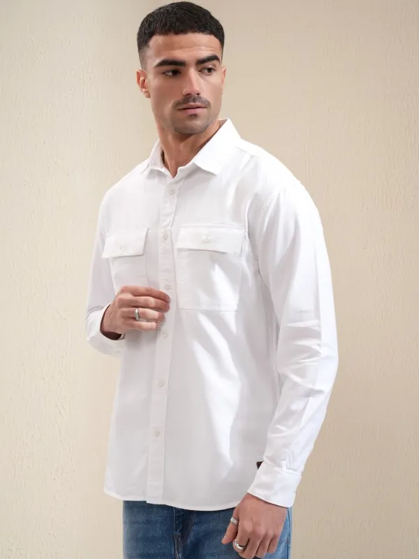 Locomotive Men White Solid Relaxed Fit Casual Shirt