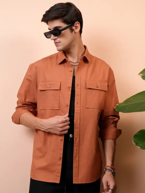  Locomotive Men Terracotta Solid Relaxed Fit Casual Shirts