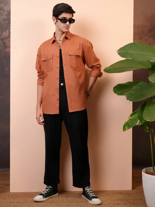  Locomotive Men Terracotta Solid Relaxed Fit Casual Shirts