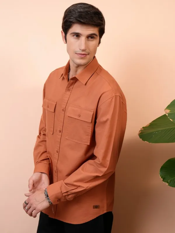  Locomotive Men Terracotta Solid Relaxed Fit Casual Shirts