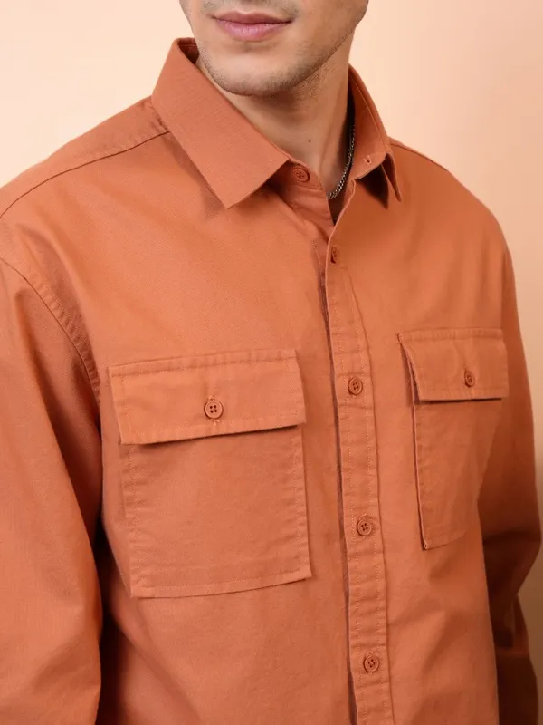  Locomotive Men Terracotta Solid Relaxed Fit Casual Shirts