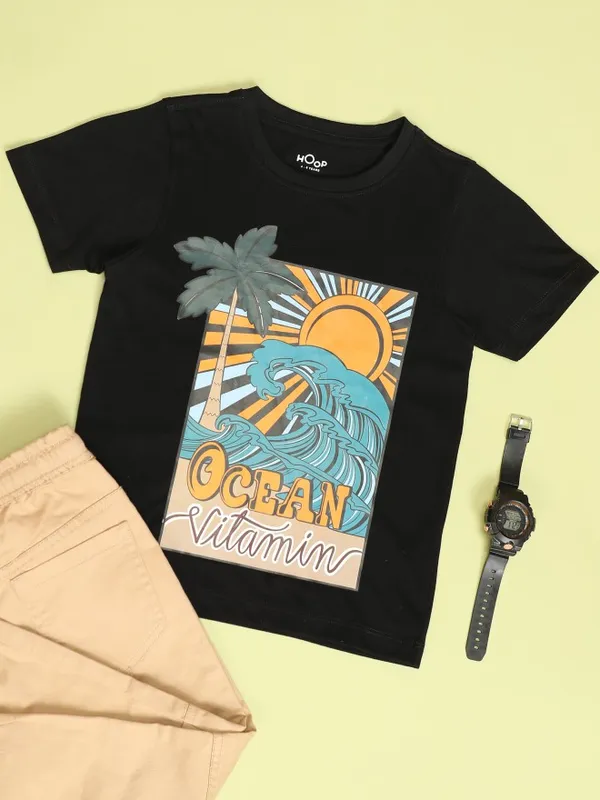 Hoop Boys Black Printed Round Neck T-Shirt