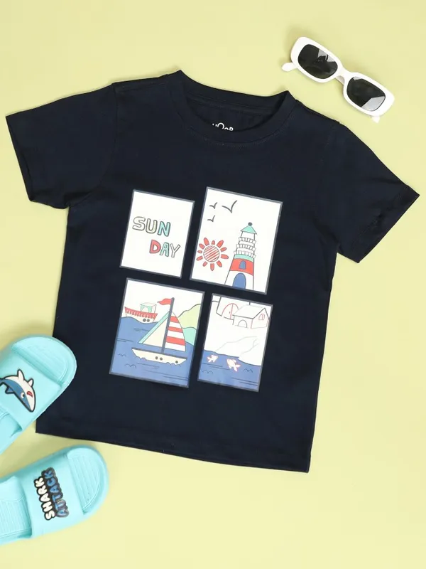 Hoop Boys Navy Blue Printed Round Neck T-Shirt