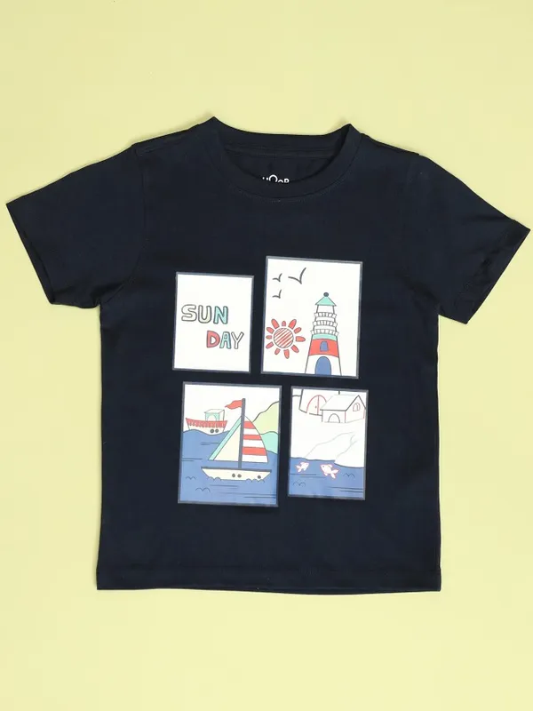 Hoop Boys Navy Blue Printed Round Neck T-Shirt