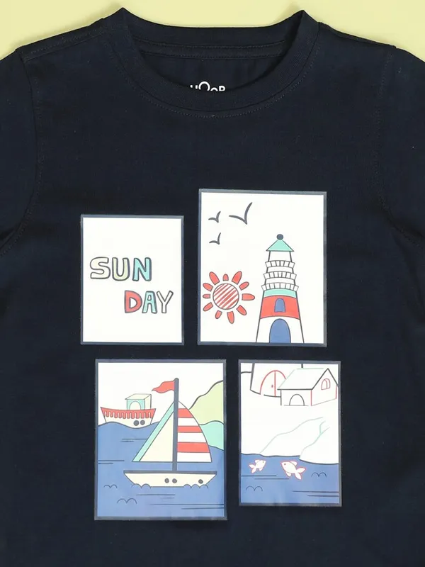 Hoop Boys Navy Blue Printed Round Neck T-Shirt