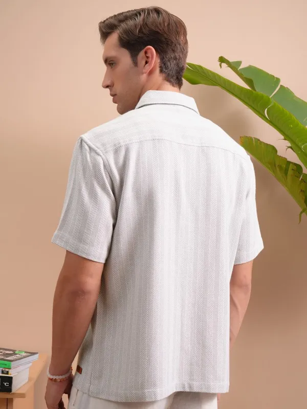  Locomotive Men Grey Striped Regular Fit Casual Shirts