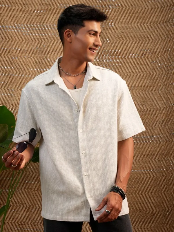 Locomotive Men Beige Textured Oversized Fit Casual Shirt