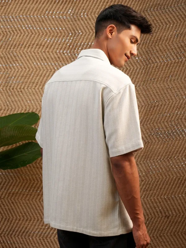 Locomotive Men Beige Textured Oversized Fit Casual Shirt