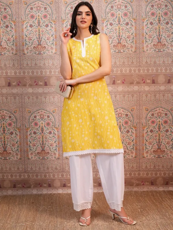  Ketch Women Yellow Woven Design Straight Kurtas