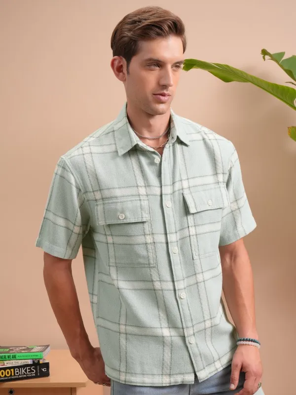  Locomotive Men Green Checked Oversized Fit Casual Shirts