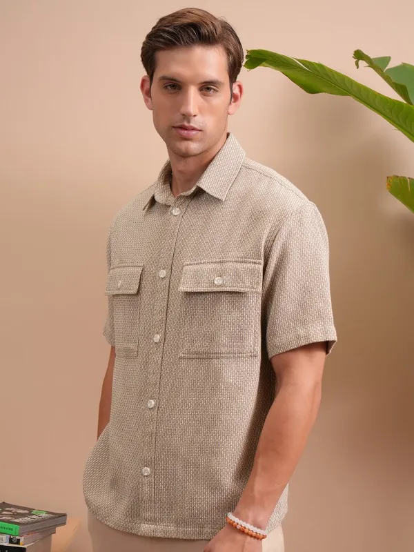 Locomotive Men Khaki Textured Oversized Fit Casual Shirt