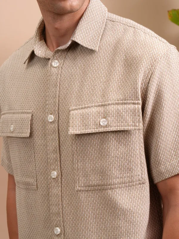 Locomotive Men Khaki Textured Oversized Fit Casual Shirt