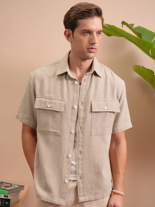 Locomotive Men Khaki Textured Oversized Fit Casual Shirt